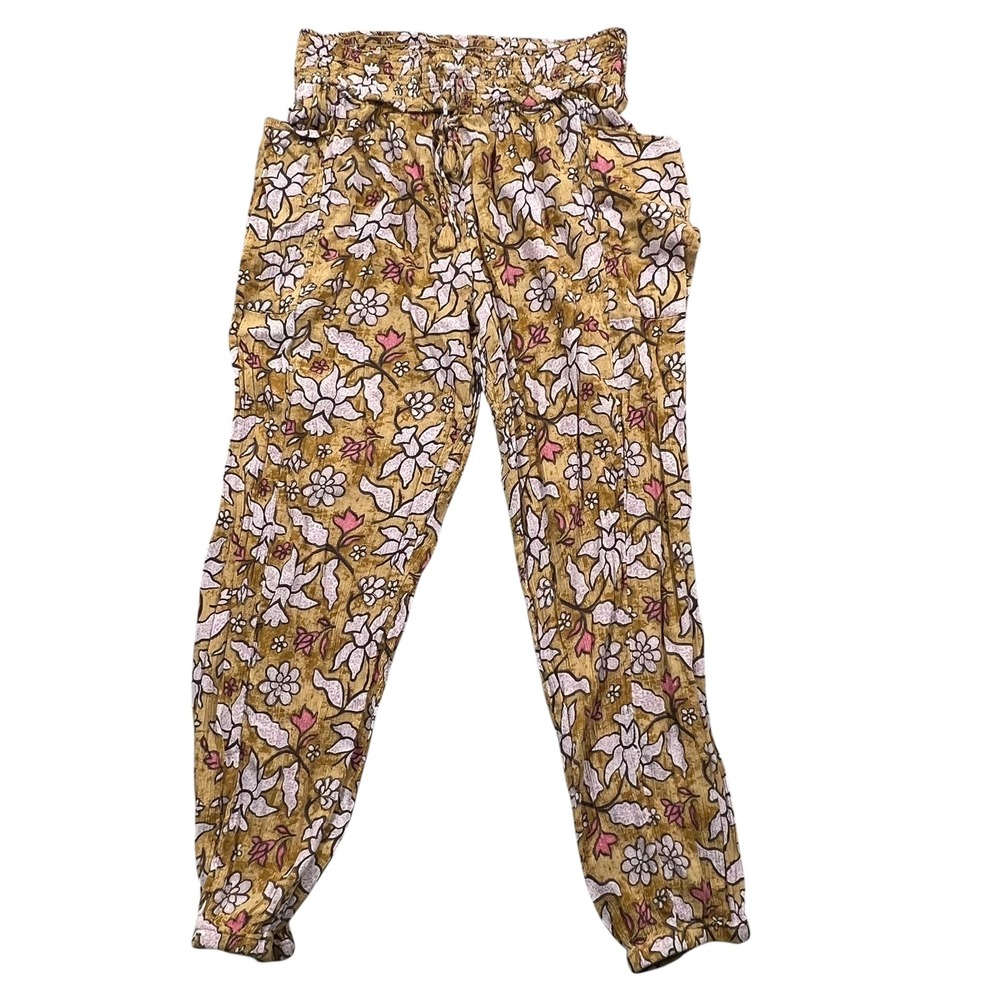 Aerie Jogger Pants Women M Mustard Yellow Floral Smocked Waist Tassel Drawstring